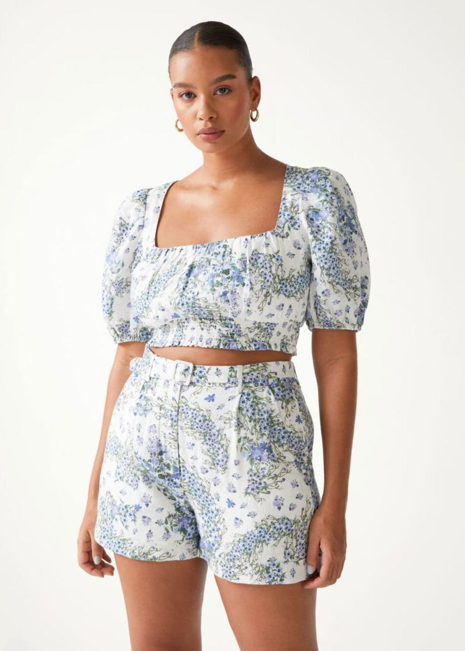 & OTHER STORIES Floral Puff Sleeve Top Belted Shorts Linen Set